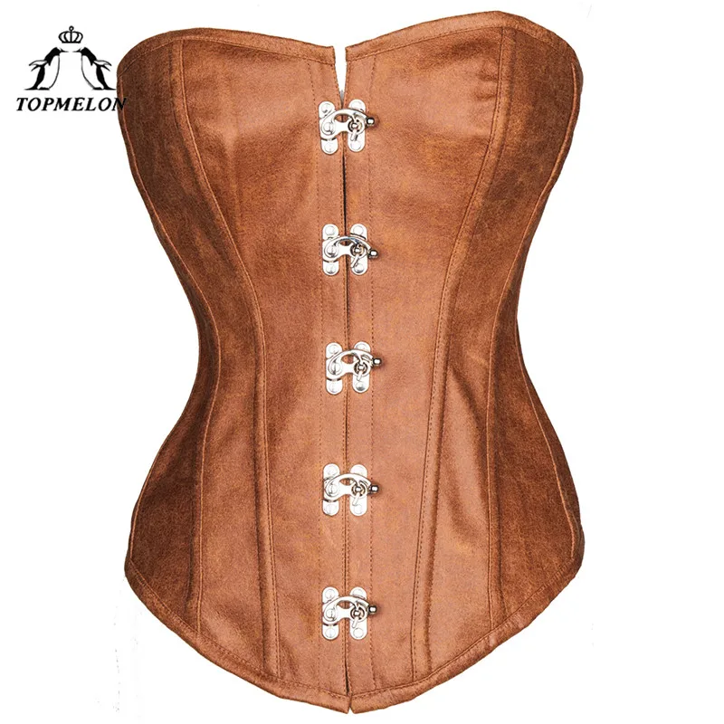 TOPMELON Brown Tops for Women Corsets and Bustiers Silver Buckles Steel