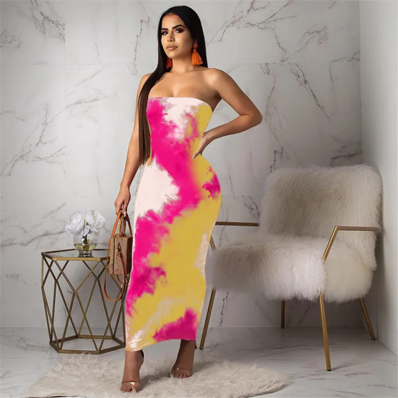 

Sexy Women Summer Bodycon Dress 2019 Strapless Tie Dye Print Sleeveless Beach Dress Boho Elegant Night Club Party Bandage Dress