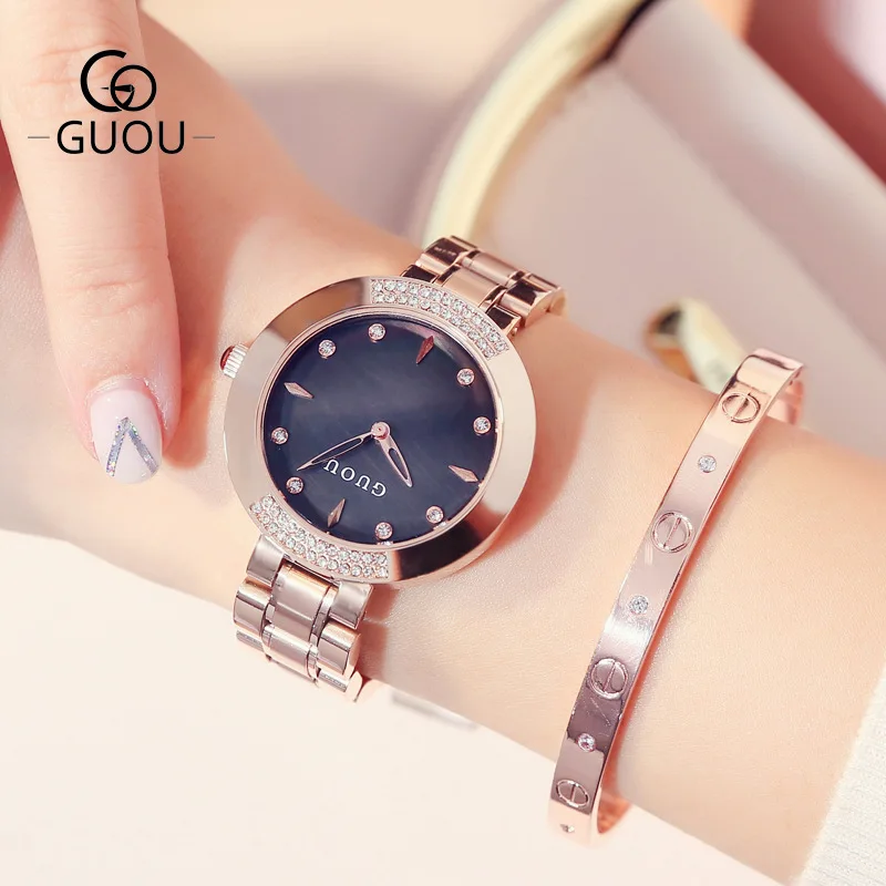 

Luxury GUOU Full Rhinestone Women Dress Leisure Watches Ladies Full Steel Simple Business Bracelet Rose Gold Quartz Wristwatch