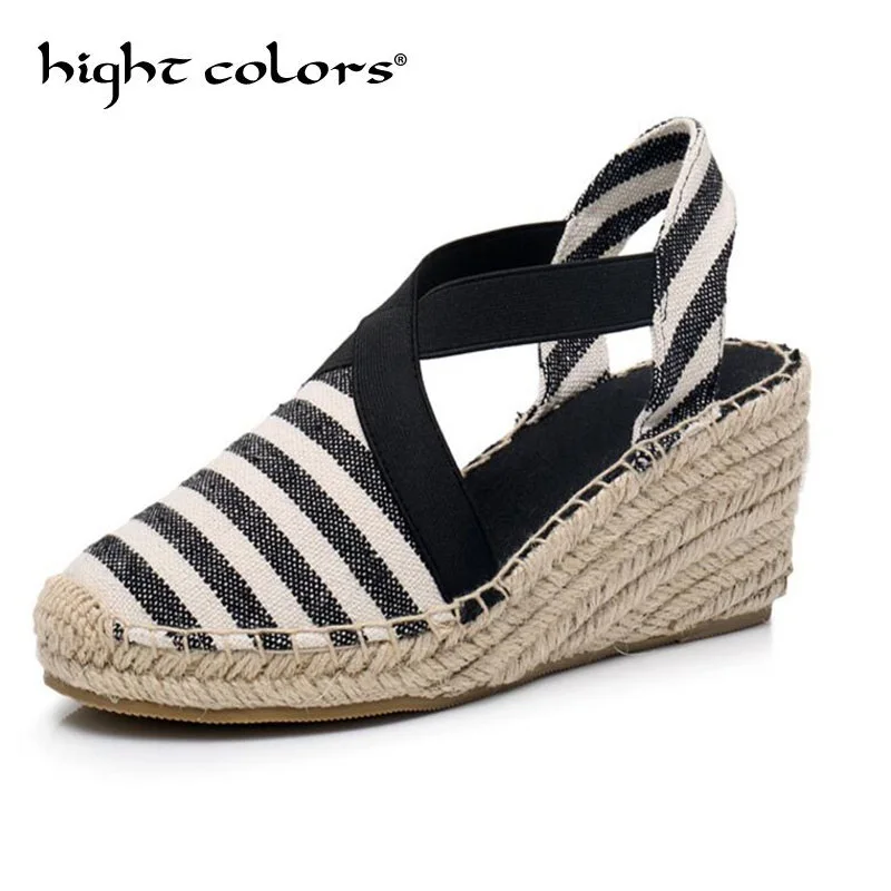 

Elastic Band Cross-Elastic Wedge High-Heeled Sandals For Ladies Hemp Rope Fisherman Shoes Platform Wedges Women's Sandals
