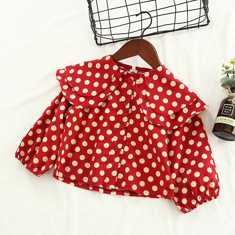 

girls blouse 1-5 years old Korean girl's round neck shirt in the children's cardigan doll collar long-sleeved polka dot shirt