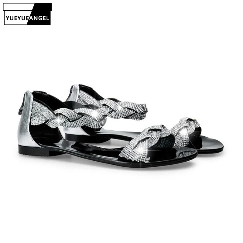 

2019 Summer New Flat Women Open-toe Sandals Crystal Ankle Strap Slides Flip Flops Designer Zipper Natural Leather Shoes Women