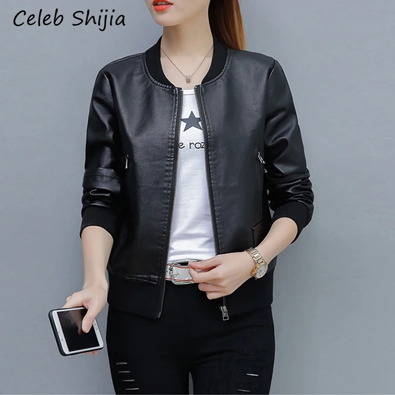 

2019 New PU leather jacket women green black o-NECK slim biker jacket female autumn winter jaqueta de couro