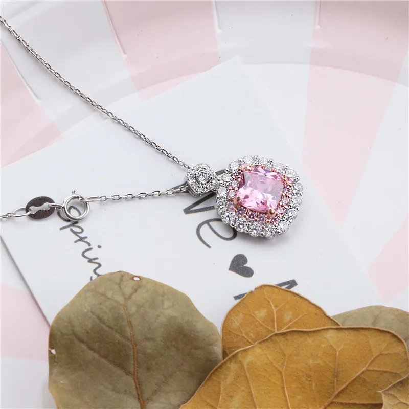 CC ожерелья подвески для женщин 925 серебро кубический цирконий розовый/желтый квадратный камень Свадебная подвеска без цепи CCN250