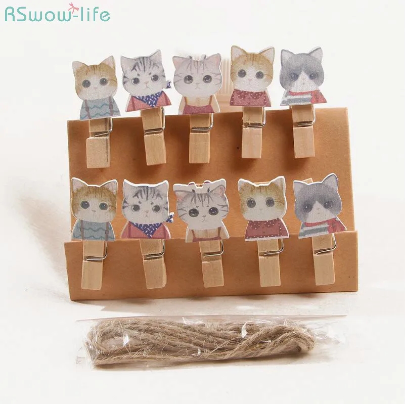 

10pcs Photo Clips Twine Creative Cartoon Kitten Clip Wood Clip Photo Album Festive Party Supplies