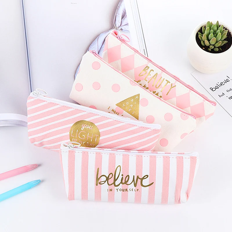 New fresh Pink Stripe case cute canvas pencil bag school supplies