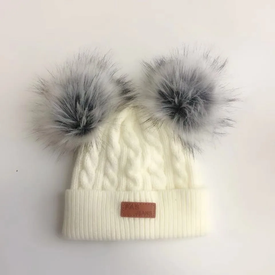 Beanies/детская шапка с двойным помпоном; зимняя детская шапка; вязаная Милая шапочка для девочек и мальчиков; повседневные однотонные детские шапки для девочек