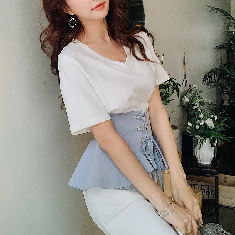 

Dabuwawa Women Cotton T-shirt Dress 2019 New Summer High-Waist Slim Elegant Short-sleeved Cause White Dress DN1BDR033
