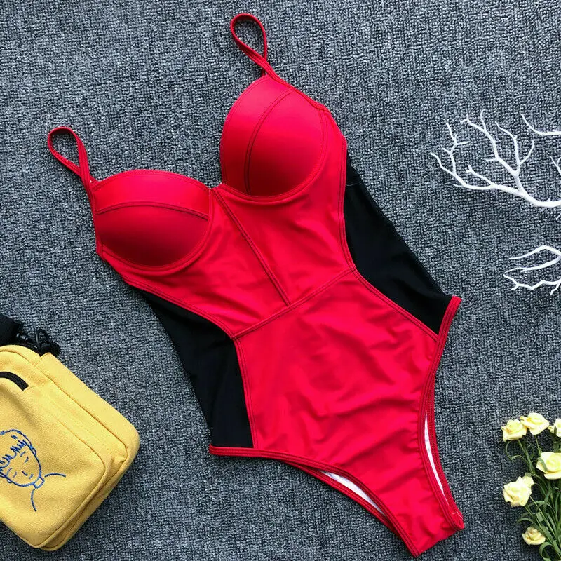 Сетчатый лоскутный женский цельный купальный костюм монокини с пуш-апом бикини купальный костюм Maillots de bain - Цвет: Красный