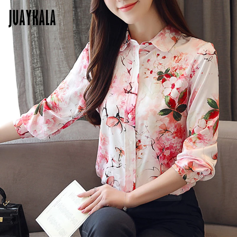 JUAYKALA весна осень новая модная шифоновая блузка с принтом женская рубашка с длинным рукавом Элегантная офисная блузка женские топы Blusas