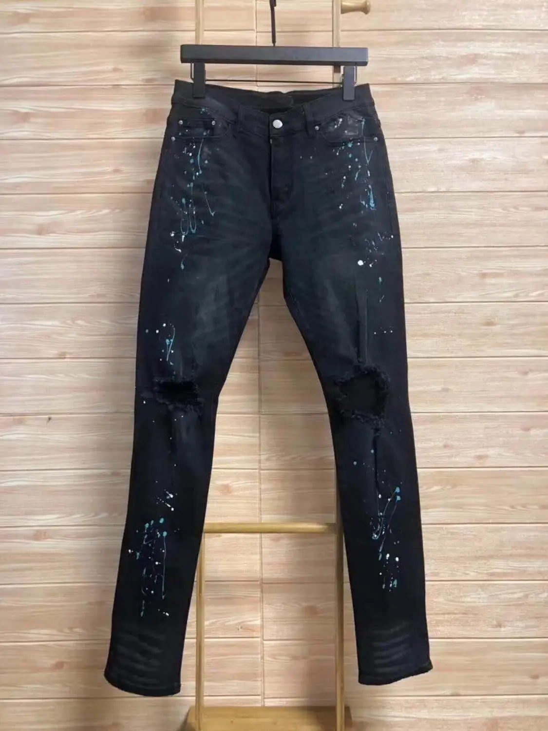 

men random ink painting splattered stretch skinny black distressed jeans