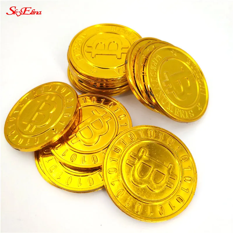 50pcs 44mm Plastic Gold Bitcoin Coin Home Decor Ornaments Non-currency Coins Baby Kids Game Props 7ZHH264