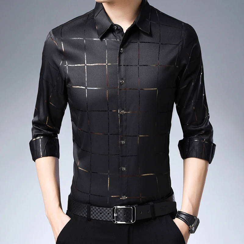 MIACAWOR, Высококачественная Мужская рубашка, осень, длинный рукав, Camisa Masculina, деловые повседневные рубашки, клетчатая рубашка, мужская одежда C541