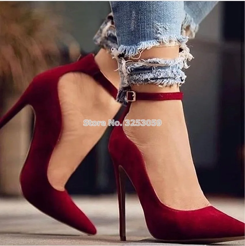 

ALMUDENA Brugundy Nude Black Suede Pointed Toe Pumps Stiletto Heels Concise Ankle Strap Dress Shoes Designer Wedding Heels