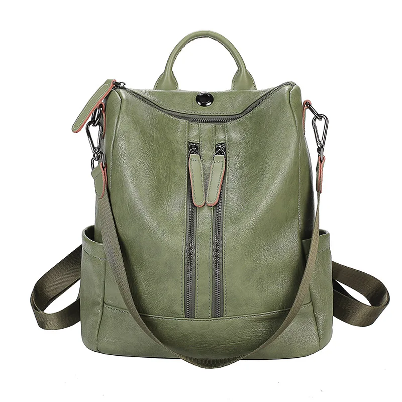 Double Zipper Green Женский рюкзак mochila feminina, повседневный многофункциональный женский кожаный рюкзак, женская сумка через плечо, сумка для путешествий - Цвет: Double Zipper Green
