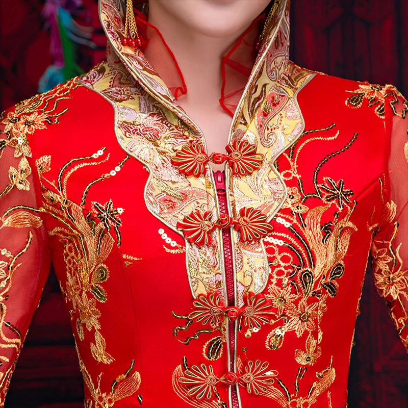 Красный невесты осенняя одежда Винтаж китайский Стиль свадебное платье ретро праздничный костюм с вышивкой халат с павлином свадебное