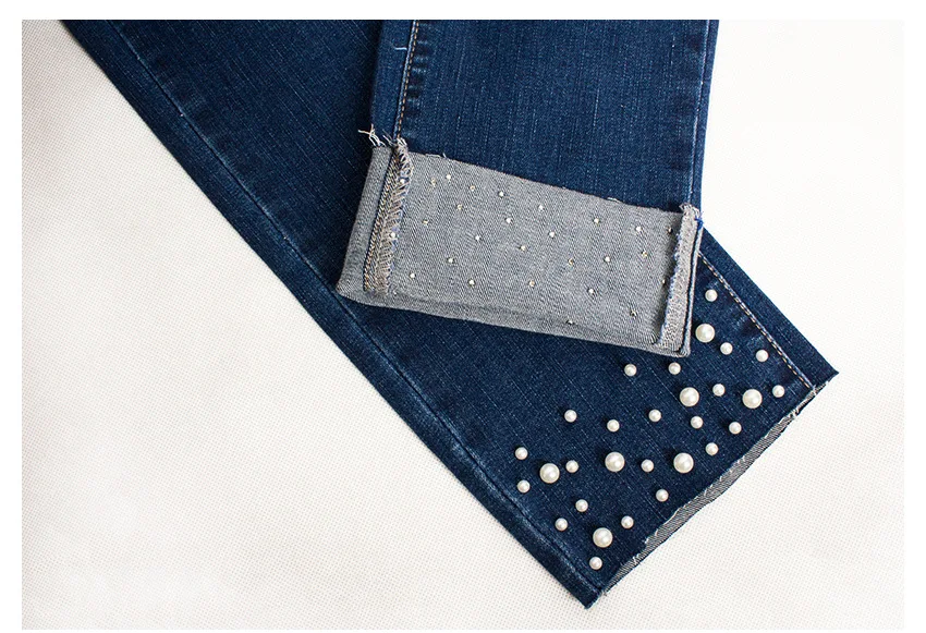 European station Europe and the United States new hole pearl cat toe cowboy high waist pants feet beaded straight jeans (24)