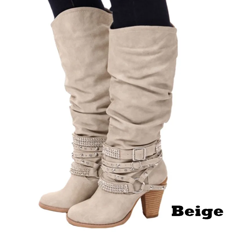 Женская обувь; chaussure femme; не сужающийся книзу массивный обувь на высоком каблуке женские туфли-лодочки зимние сапоги до колена в стиле «Гладиатор»; женская обувь; chaussure femme; a692 - Цвет: Бежевый