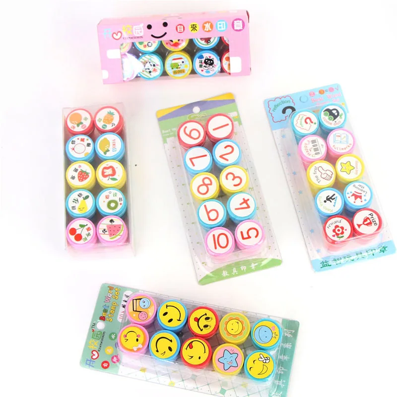 10pcs/set Cute Animal Smile Cartoon Reviews Encouraging Students Children's Seal Reward Kids Children Circular Stamps Toys