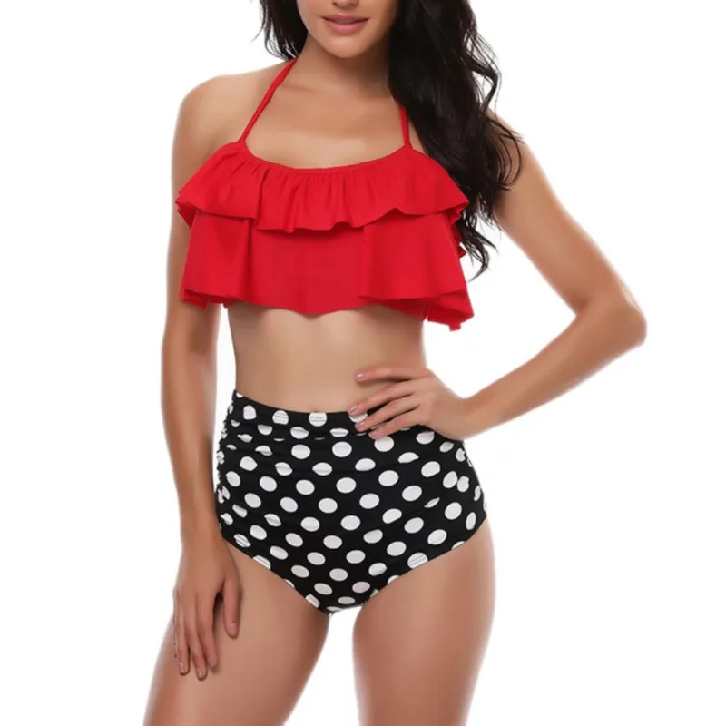 

High Waist Bandage Push Up Two Piece Women Swimming Suite Sexy Bikini Set Ruffle Top Swimwear Bathing Suit New