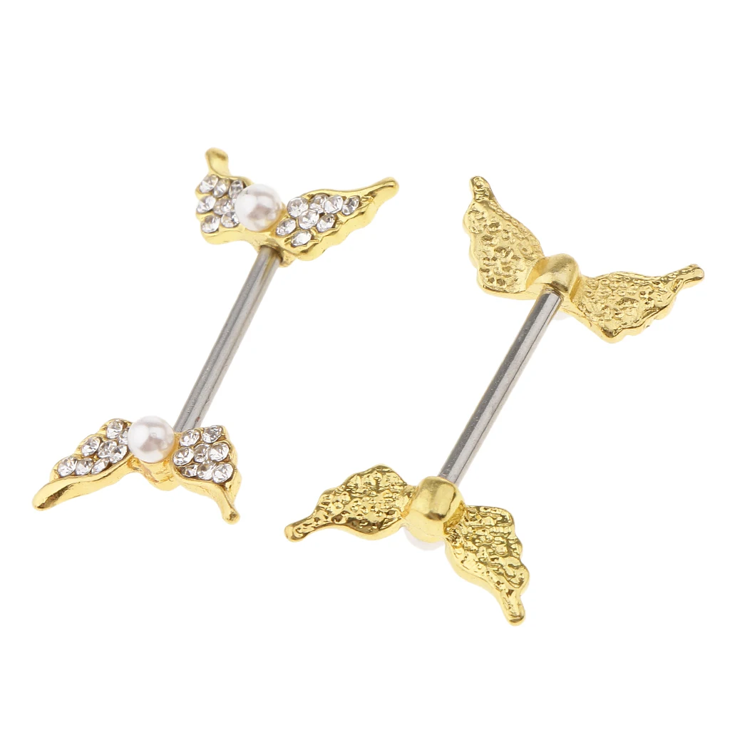 1 Pair Crystal Pearl Beads Angel Wing Shield Barbell Nipple Ring Stainless Steel Body Piercing 14 Gauge