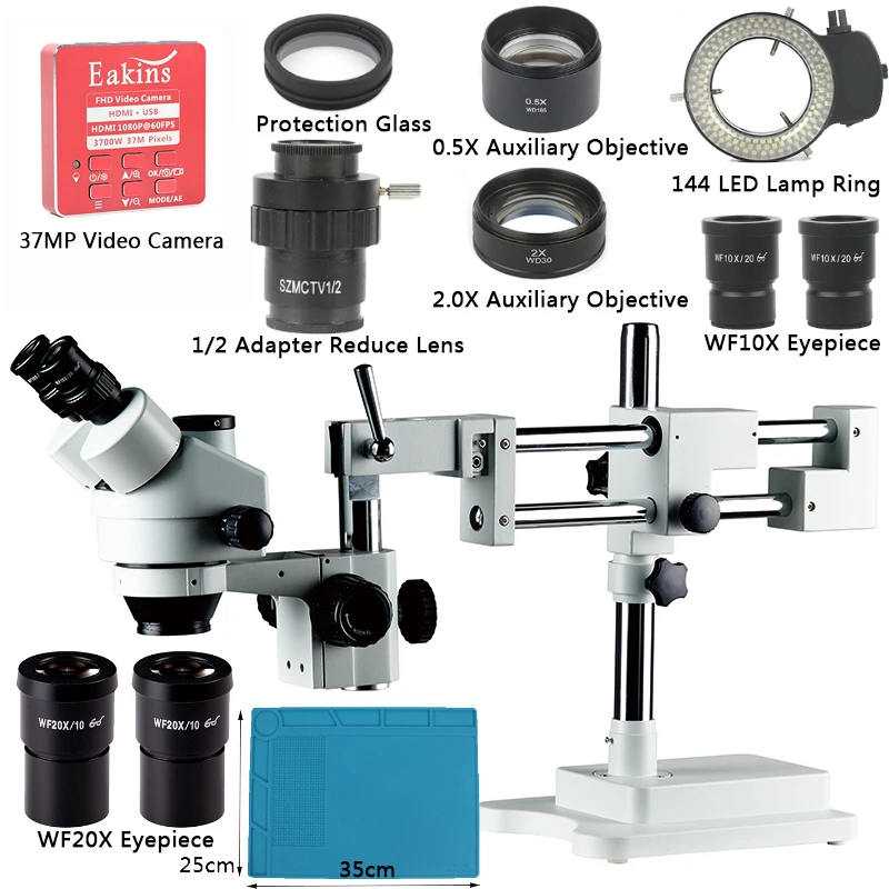 3.5X-90X Simul Focal Trinocular Stereo Microscope Double Boom Stand + 37MP 1080P HDMI USB Video Cam