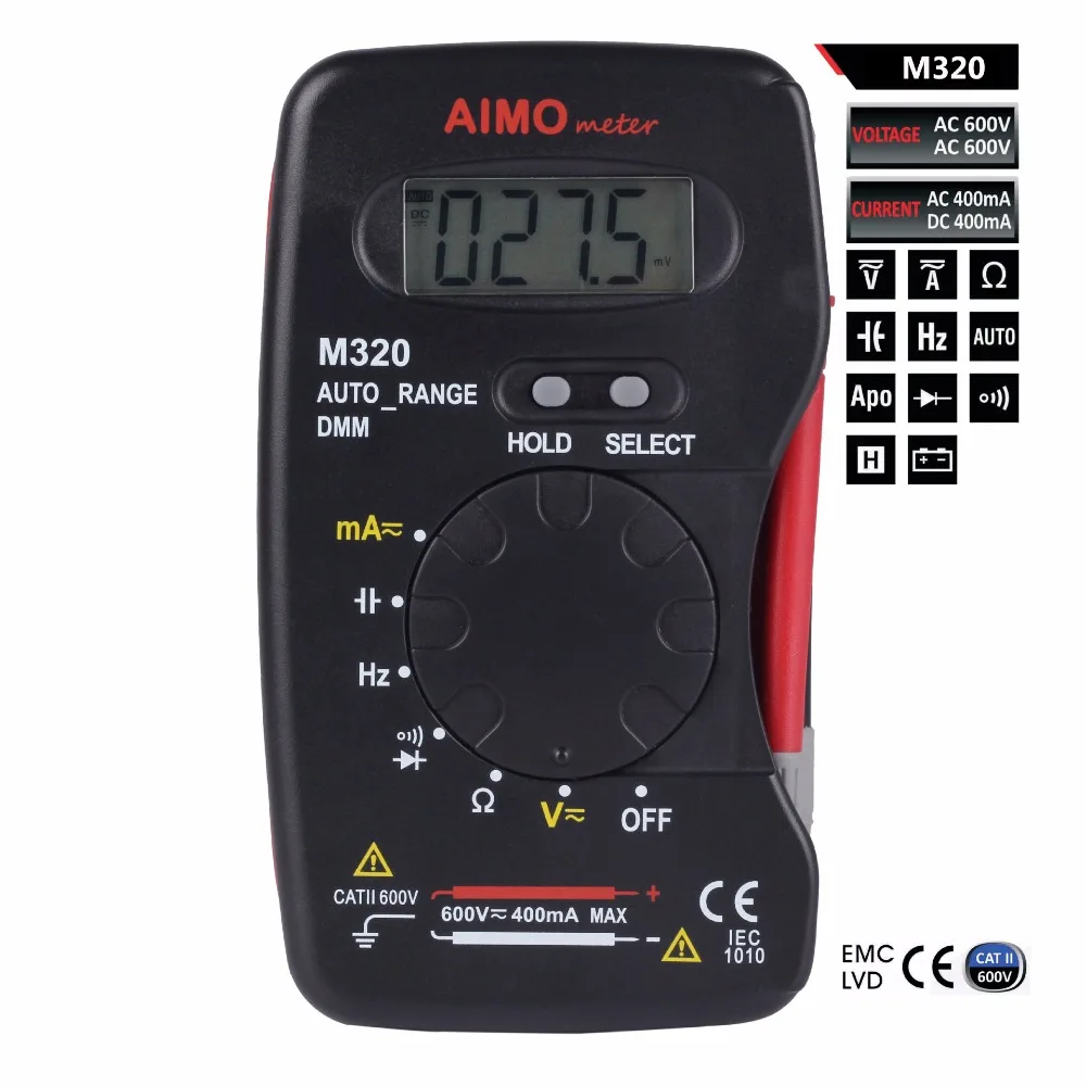 

Pocket Size Handheld LCD Digital Multimeter DMM Frequency Capacitance Testers Measurement Data Hold Auto Range AIMO M320