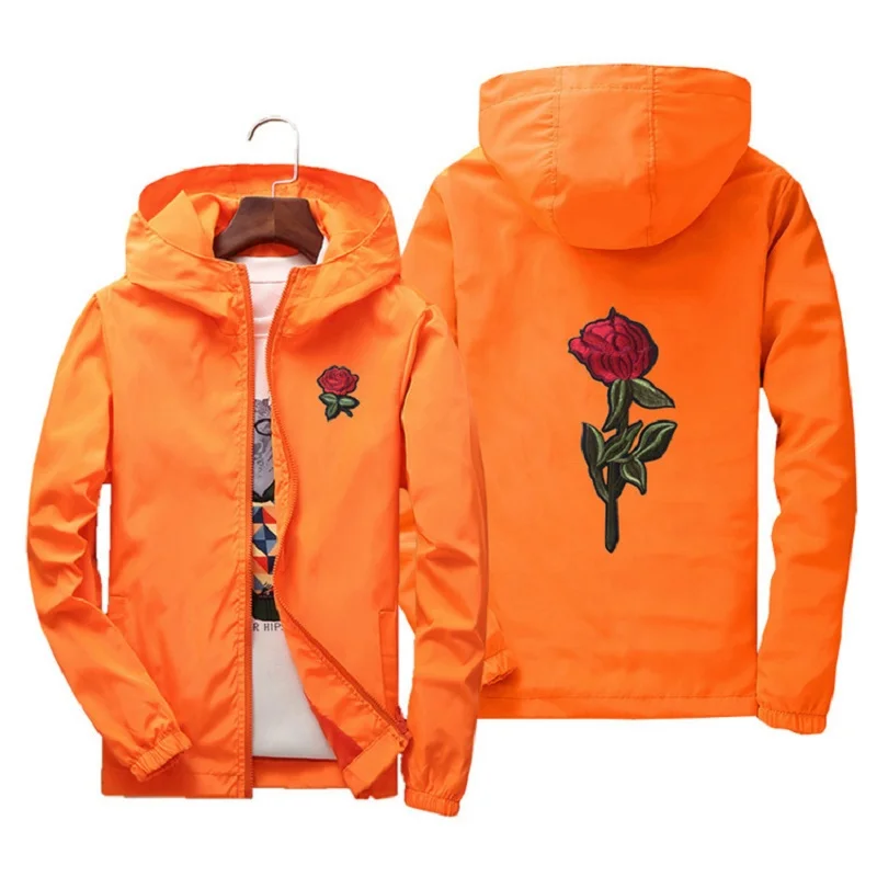 

New Fashion Rose Jacket Windbreaker for Men Women Embroidery College Jackets Man Zipper High Quality Rose Embroidery Hooded