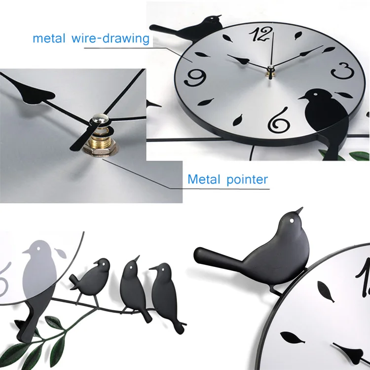 Hierro pájaros péndulo silencioso cuarzo relojes 3D Reloj de pared para la decoración del hogar Hogard Hierro pájaros péndulo silencioso cuarzo relojes 3D Reloj de pared para la decoración del hogar Hogard