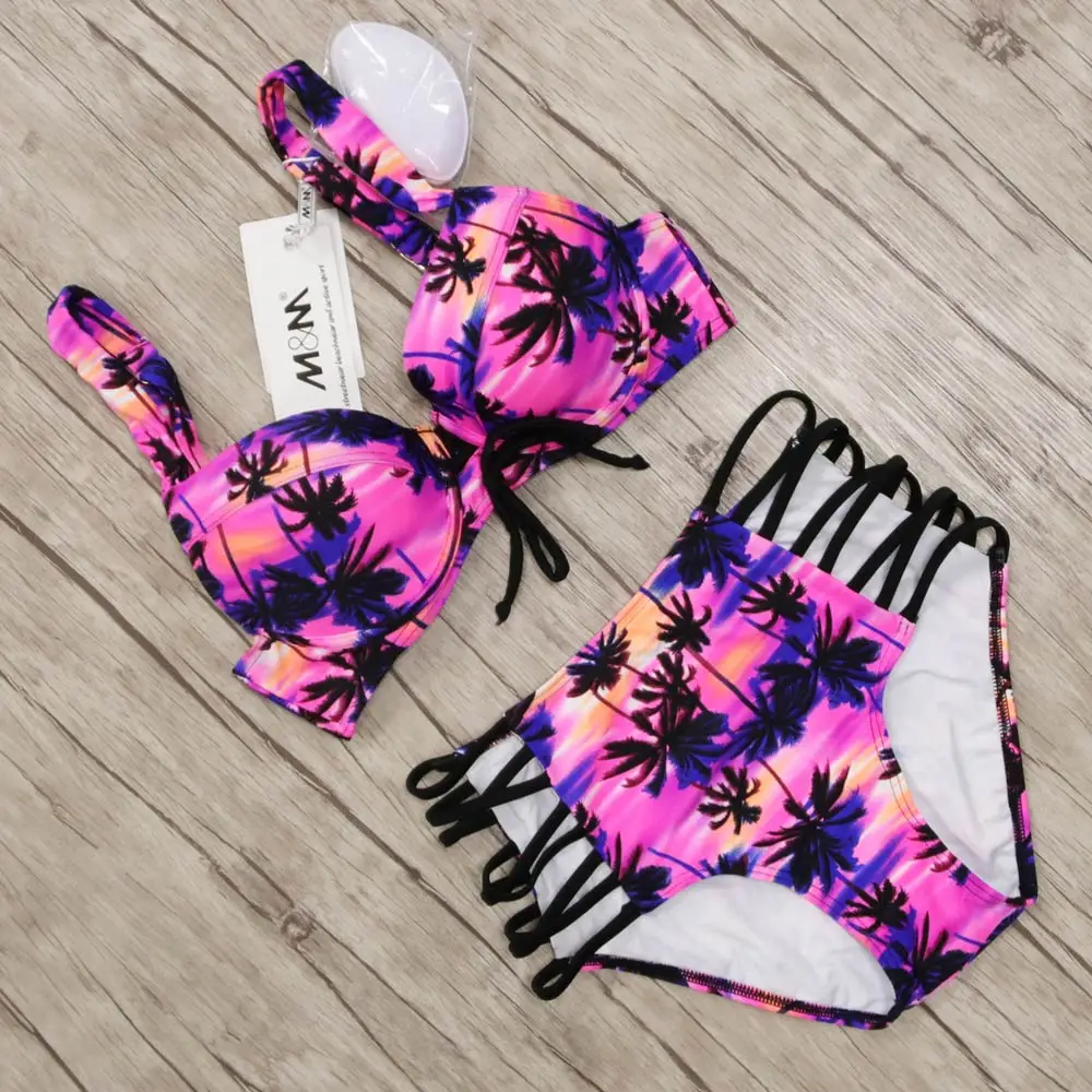 Sexy Bandage Swimsuit High Waist Bikinis Women 2018 Palm Print Push Up Swimwear Female Beachwear Bathing Suit Maillot De Bain Sexy Bandage Swimsuit High Waist Bikinis Women 2018 Palm Print Push Up Swimwear Female Beachwear Bathing Suit Maillot De Bain