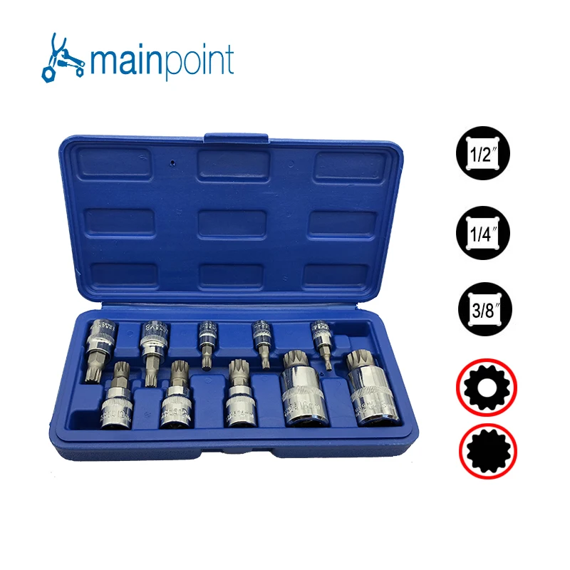 Mainpoint 10Pcs Bit Socket Spanner 3/8"&1/4"&1/2" Triple Square Spline Set For Tamper Proof Lug