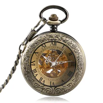 Bronze Automatic Mechanical Pocket Watch Men Women Retro Hollow Out Carving Roman Numeral Transparent Glass Cover Fob Chain Gift hollow led luminous mechanical pocket watch luxury hand winding watches roman numeral fob chain pendants reloj de bolsillo