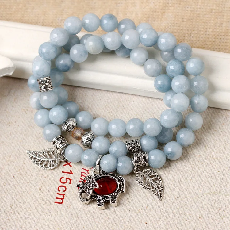 

Korean Fashion Natural Aquamarine Stone Crystal Multi-layer Bracelet with Red Rudy Stone Elephant Pendant Buddhist Prayer Beads