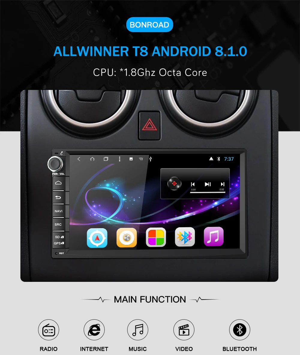 Excellent Bonroad 707A8D5 7"1024*600 Android 8.1.0 Ram2G Rom32GB Octa Car Stereo Universal For Nissan GPS Radio Audio Player(No DVD) 2