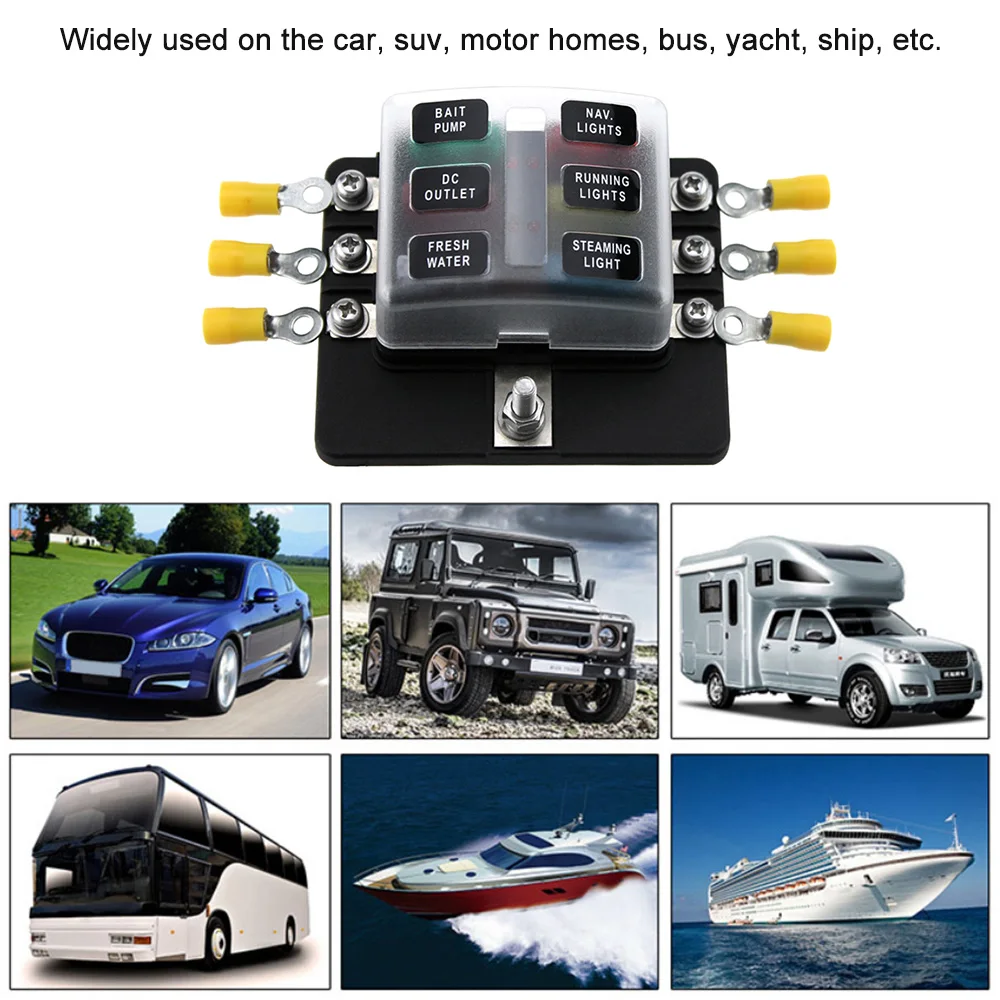 6 Way Blade Fuse Box Holder Standard Blade Fuse Blocks LED Indicator 10Pcs Fuses 10Pcs Terminals for Car Boat Marine Caravan