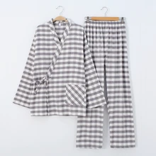Мужская пижама кимоно пряжа окрашенная сетка с чистого хлопка фланелевые пижамы шлифовальная плюшевая ткань пижамный комплект для мужчин s Досуг пижамы