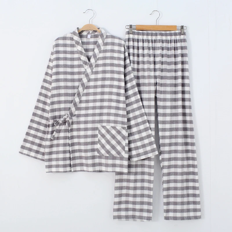 

Men Sleepwear Kimono Yarn-dyed Grid with Pure Cotton Flannel Pajamas Grinding Plush Cloth Pajama Set Mens Leisure Sleepwear