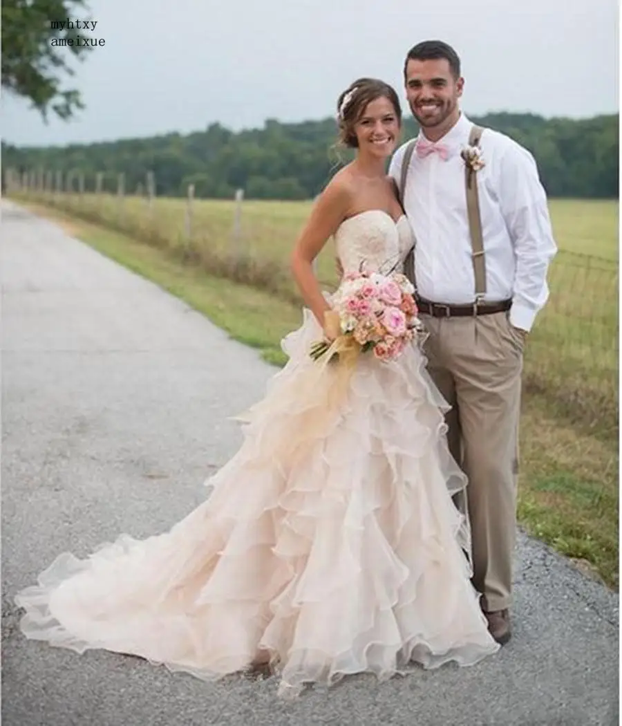 

Cheap Sexy Champagne Wedding Dresses 2019 Robe De Mariee Lace Country Tiered Ruffles Bridal Gowns Plus Size Vestido De Noiva