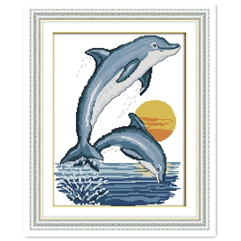 Two Little Dolphins Embroidery Cross Set 11CT Printed On Canvas Chinese Counted Cross Stitch