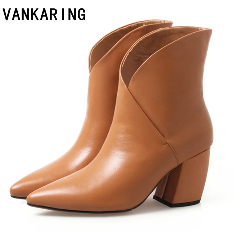 

VANKARING brand 2018 autumn winter sexy high heel ankle boots for women pointed toe square heel fashion women pumps boots woman