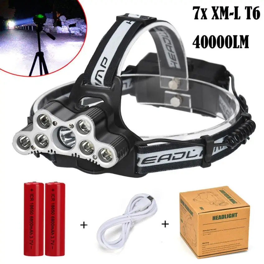 

40000 LM 7X XM-L T6 LED Rechargeable Bike Night Headlamp Headlight Travel Camp Head Torch Lamp with USB line 2x18650 Batter P40