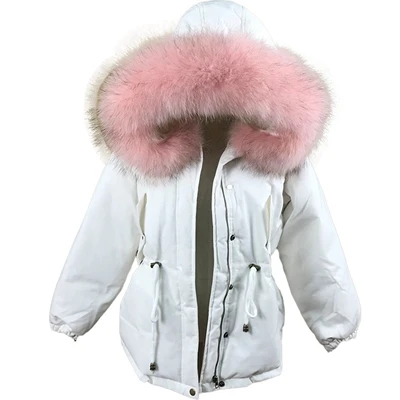 Женские зимние пуховики с воротником из натурального меха енота, короткие пальто с капюшоном, зимняя утепленная куртка с отстегивающимся меховым воротником, парка - Цвет: Белый
