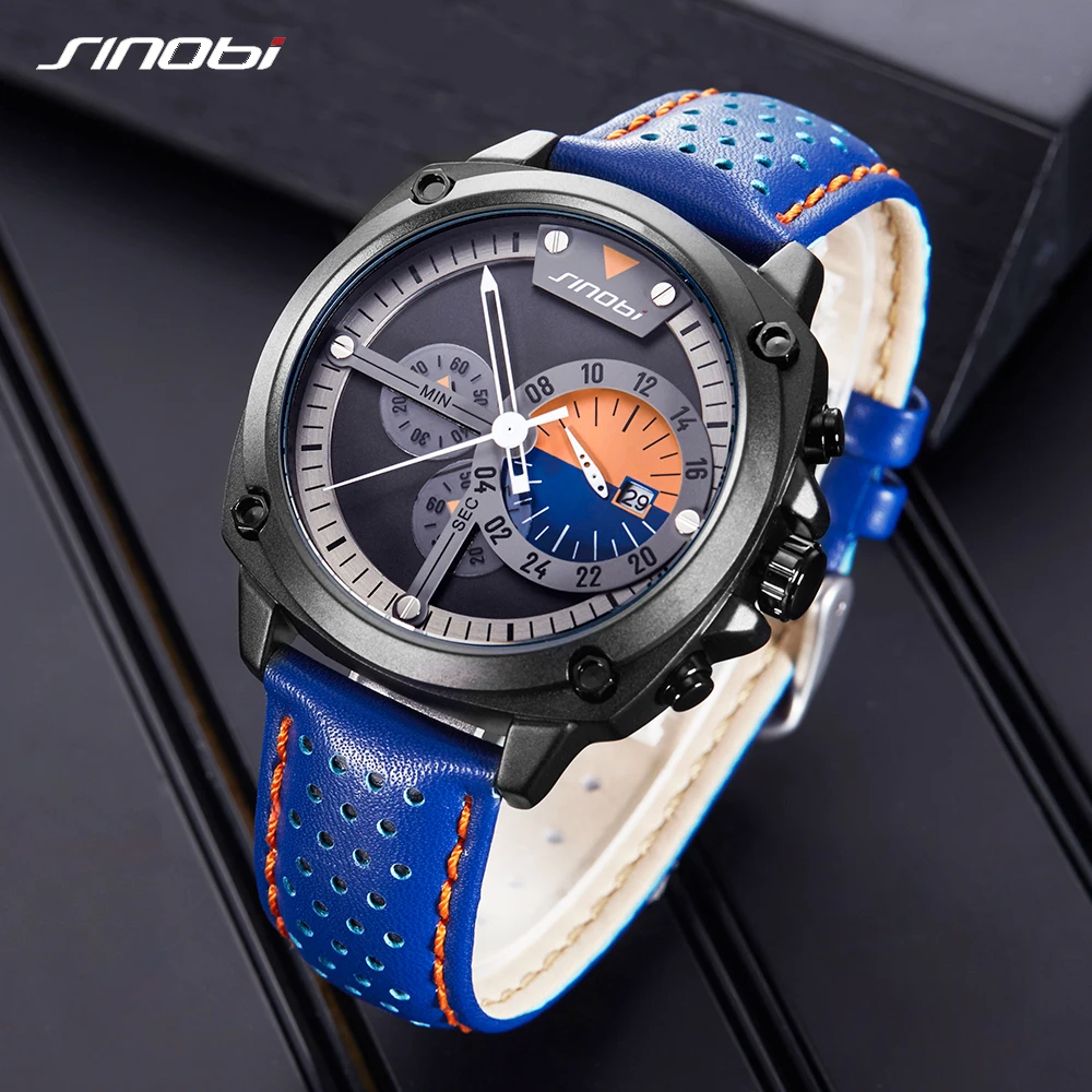 

Mens Watches SINOBI Top Brand Luxury Sport Quartz-Watch Blue Leather Strap Waterproof 24 hour Wristwatch relogio masculino 9785
