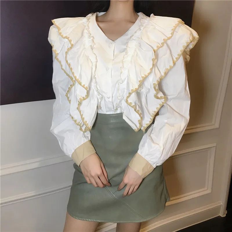 RUGOD корейские женские топы с v-образным вырезом, блузки, модные белые рубашки с оборками и длинным рукавом, Женские винтажные Лоскутные офисные рубашки для женщин