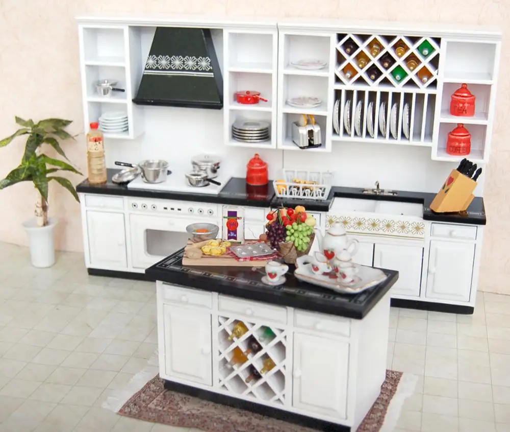 Casa de Bonecas em Miniatura Armários de Cozinha Conjunto Madeira Móveis Bacia Fogão Contador Wd025 1:12 11 1:12 casa de bonecas em miniatura armários