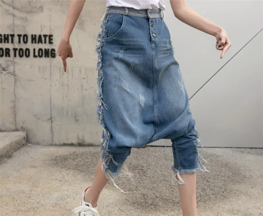 HAMALIEL летние высокие уличные длинные джинсы женские шаровары с кисточками модные брюки с высокой талией свободные пуговицы Fly карандаш джинсовые брюки