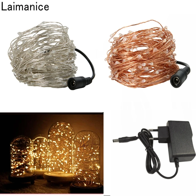 

10M 100 Led Silver Copper Wire String Fairy Starry Lights Waterproof Outdoor Christmas Decoration + DC 12V power supply adapter