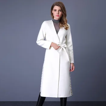 

Europe New Spring Autumn Women's Fashion Split Beading Sexy V-Neck White Woolen Coats Female Long Split Black Blends Outwear