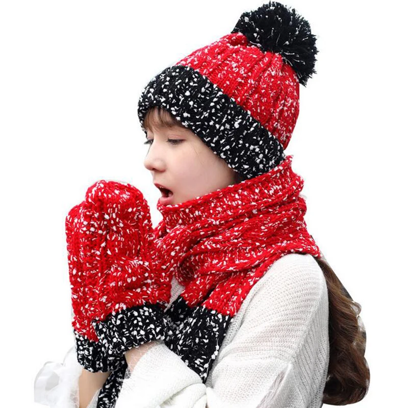 

2019 Winter Knitted Hats Scarf Set For Women Winter Warm Pom Pom Beanie Hat Scarves Gloves Female Cap Girl Patchwork Thick Hat