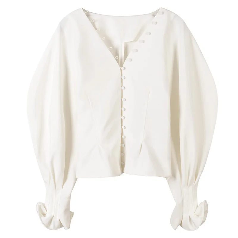 Европейская подиумная Блуза женская сексуальная с v-образным вырезом Фонарь длинный рукав белая блузка Blusas Mujer однобортная офисная рубашка топы размера плюс